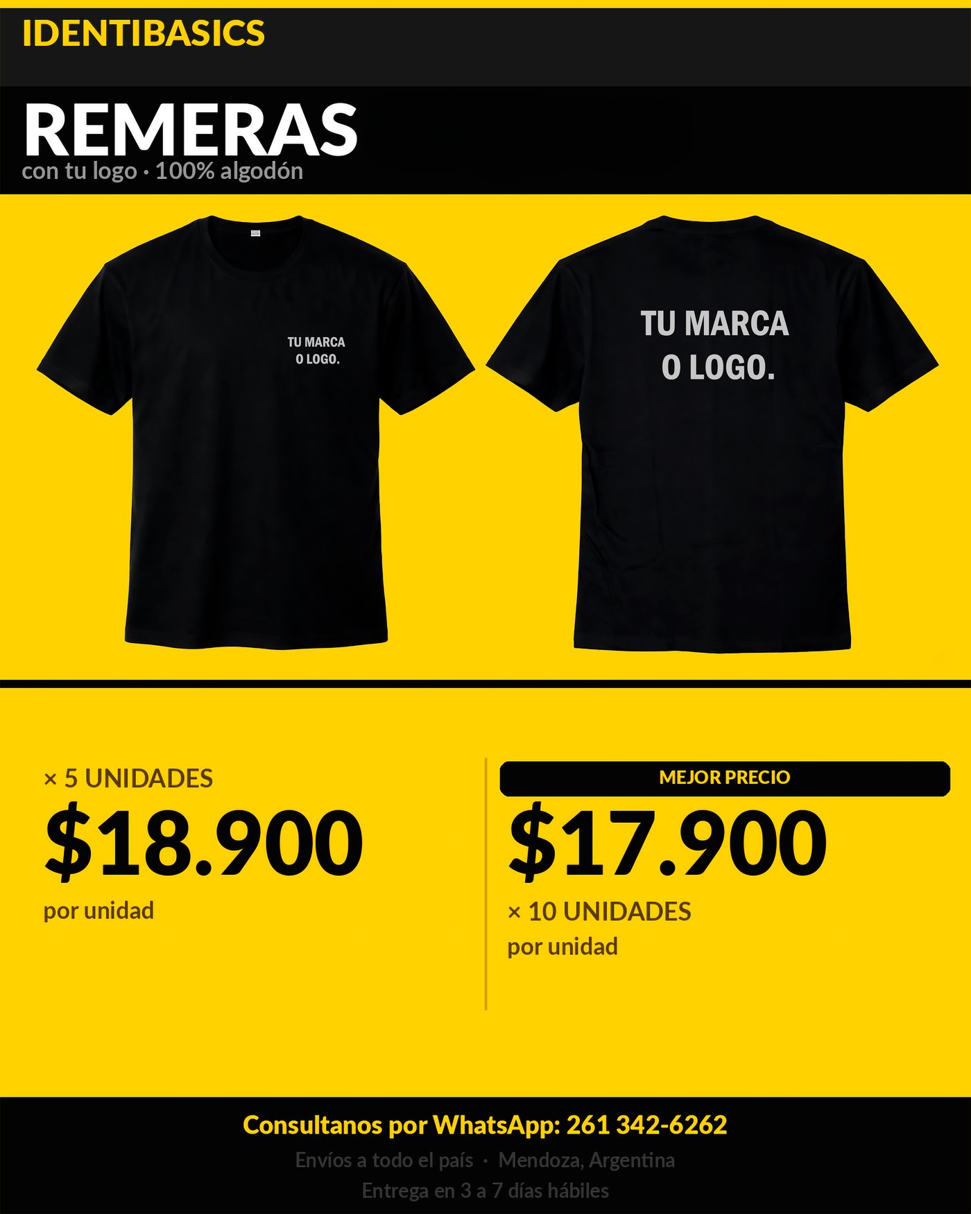 Remera negra IdentiBasics personalizada con logo, frente y espalda