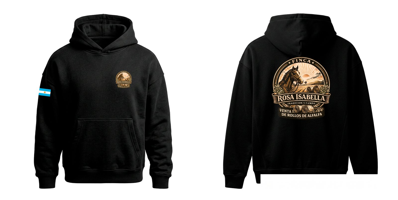 Buzo negro personalizado con el mismo logo Finca Rosa Isabella