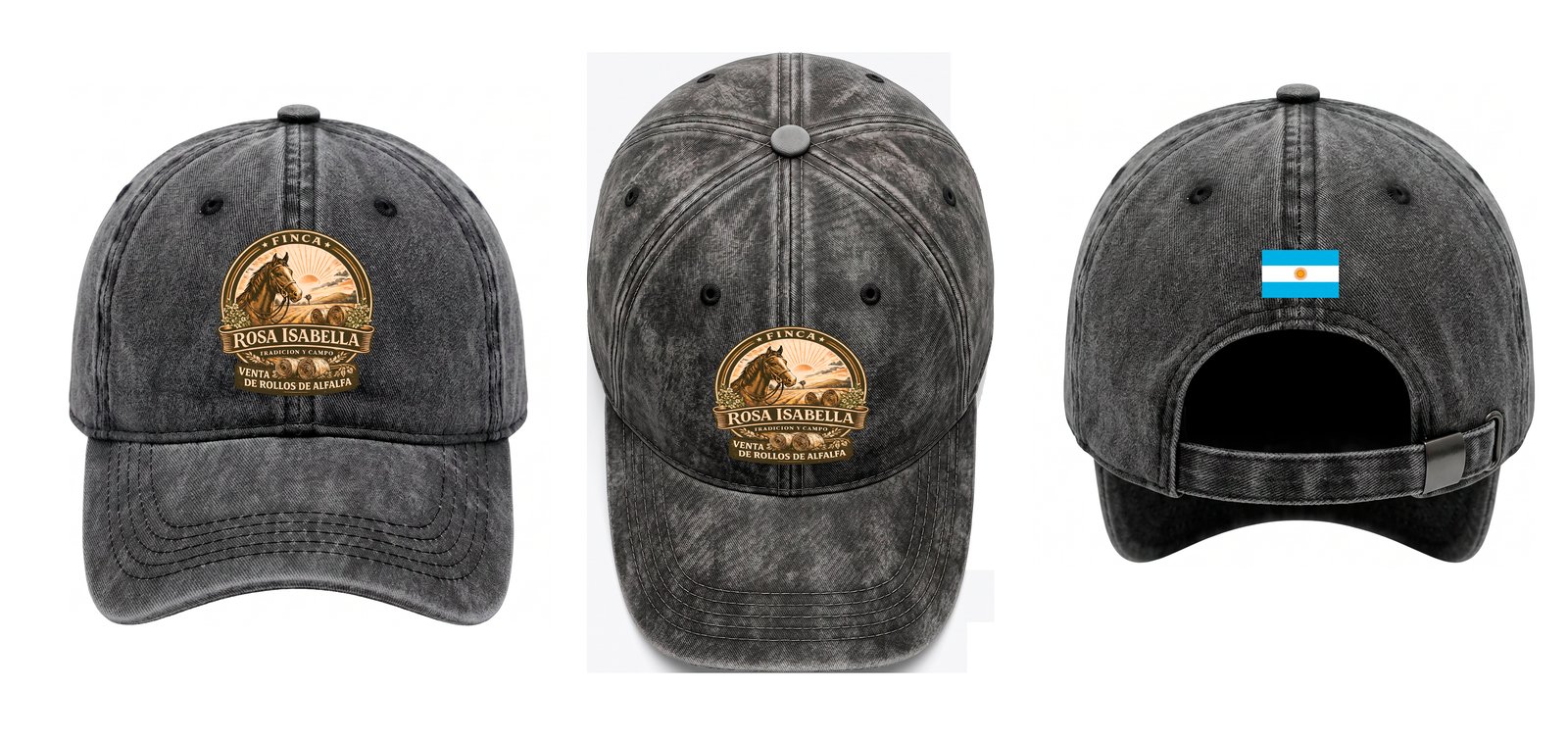 Gorra personalizada con logo Finca Rosa Isabella y bandera argentina
