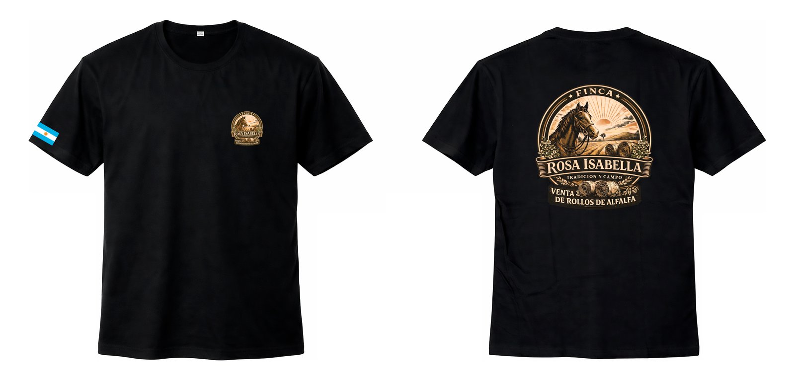 Remera negra personalizada con logo ilustrado Finca Rosa Isabella, frente y espalda