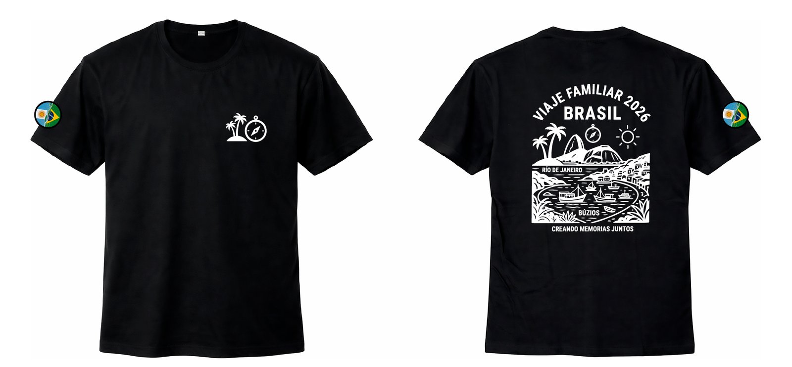 Remera negra personalizada para viaje familiar a Brasil, con ilustración de Río de Janeiro
